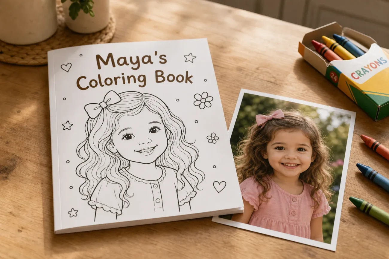 A child's photo beside her finished personalized coloring book