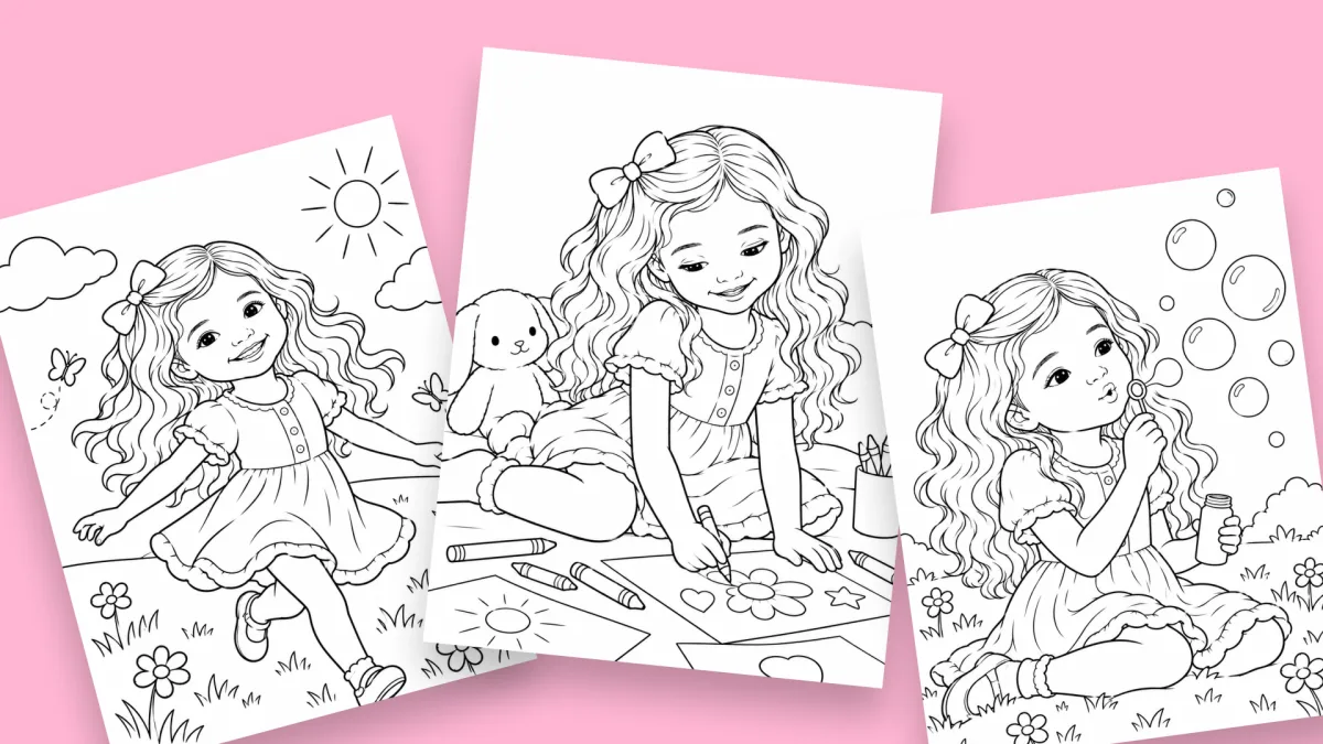 Several coloring pages of the same child in different scenes and poses